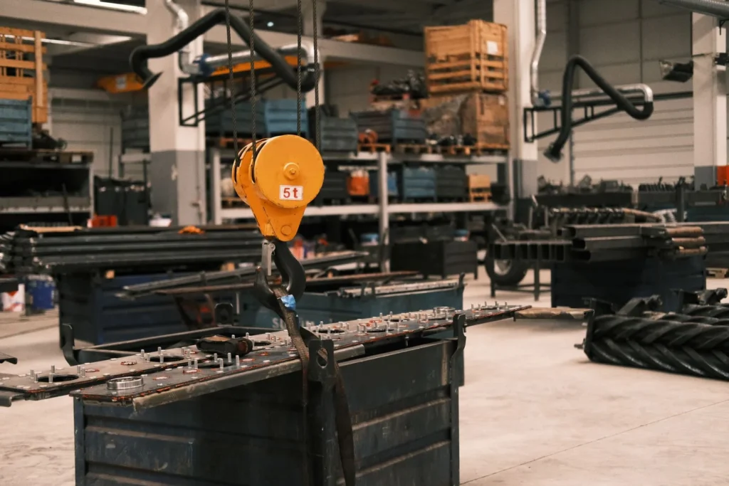 Hoist kuning kapasitas 5 ton di dalam workshop