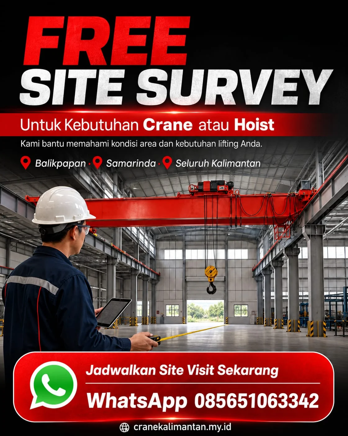 Poster survei lokasi gratis Crane Kalimantan untuk kebutuhan crane atau hoist di Balikpapan, Samarinda, dan seluruh Kalimantan